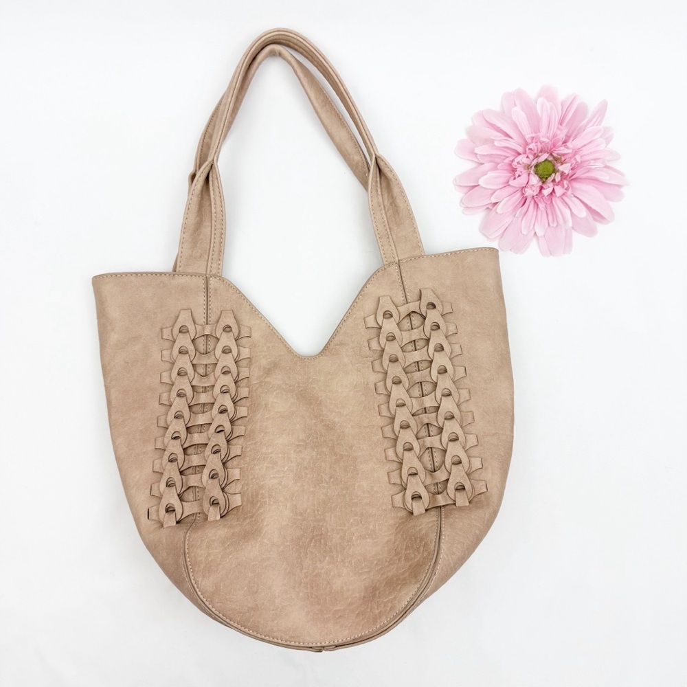 Anthropologie Carson Faux Leather Braided Tote Bag Tan Boho Bohemian Festival